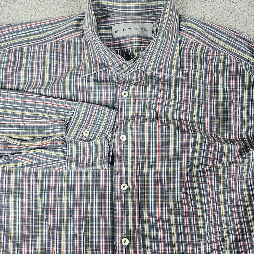 Etro Shirt Mens 46 Large Blue Plaid Cotton Relaxed Fit Long Sleeve Made in Italy